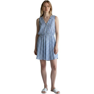 Everly Blue White Chevron Sleeveless Button Front Elastic Waist Mini Dress L USA